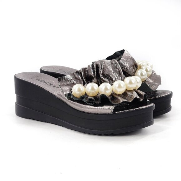 NORKA Silver Leather Ruffle Platform Wedge Slide Sandals With Pearls - Picture 3 of 9